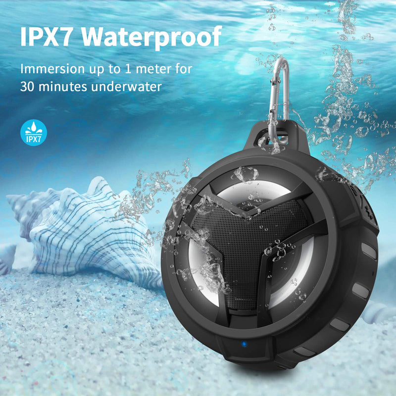 EBODA Bluetooth Shower Speaker, Waterproof Portable Bluetooth Speakers, IP67 Waterproof Wireless Speaker with LED Light, Floating, 2000mAh, True Wireless Stereo for Kayak, Pool, Beach, Bike -Black Black
