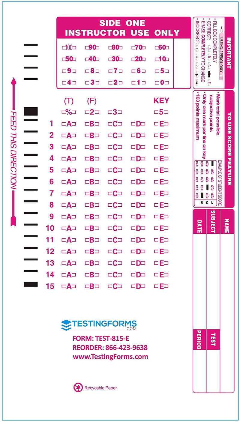 TEST-815E Double Sided 815 E 15 Question Compatible Testing Forms (100 Sheet Pack) 100 Pack TEST-815E