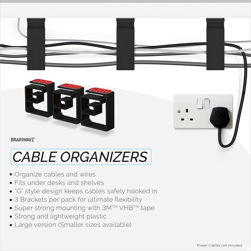 3pc VHB Cable Organizer Holder, for Heavy Cables, PC Cords & Wires with Strong Adhesive, Under Desk Mount Management System - (Black) XL Black