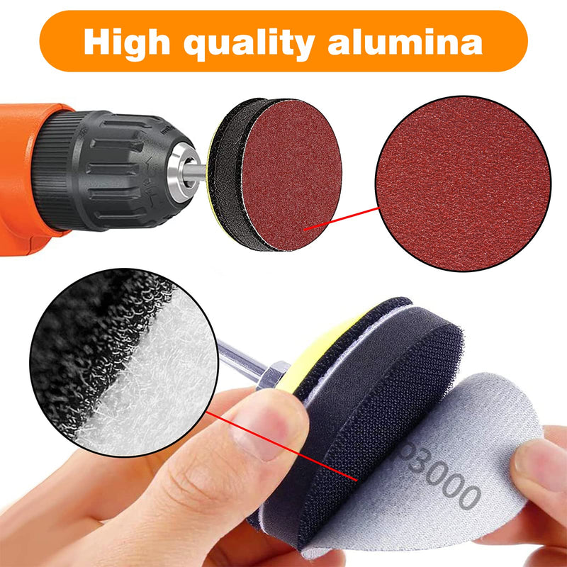 KONGMING 300 pieces sandpaper Velcro 2 inch 50 mm grit 80/120/180/240/320/400/600/1000/2000/3000 sanding discs pad kit polishing pad adapter