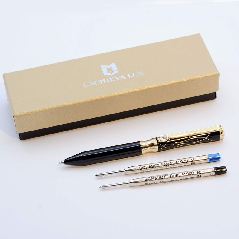 LACHIEVA LUX Nice Elegant Crystal Executive Metal Ballpoint Pen with Germany Schmidt P900M Refills (Black and Blue 2 Refills)-black Black/Gold Color 3