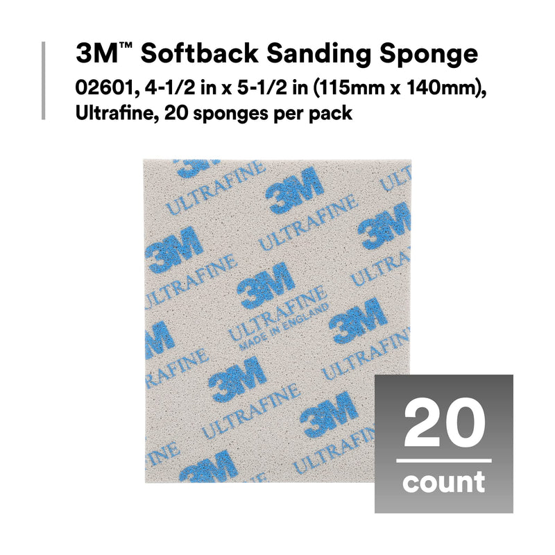 3M Softback Sanding Sponge, 02601, 4-1/2 in x 5-1/2 in, (115mm x 140mm), Ultrafine, 20 sponges per pack