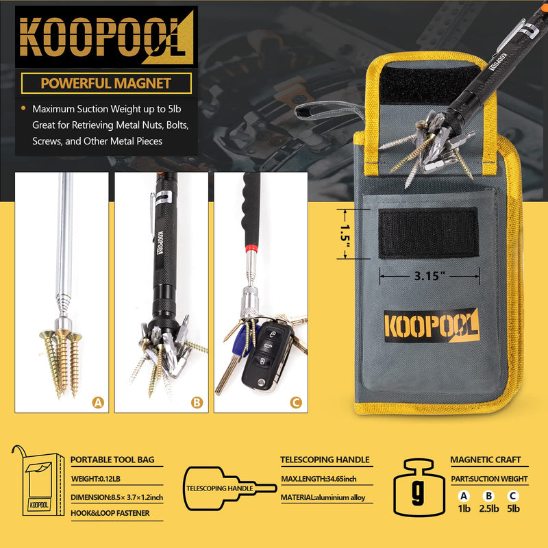 Magnetic Pickup Tool 5 PCS Cool Gadget Telescopic Magnet Stick 1lb/5lb Flexible LED Flashlight 360 Degree Swivel Adjustable Round/Square Inspection Mirrors Gifts for Dad, Husband, Handy Men Black