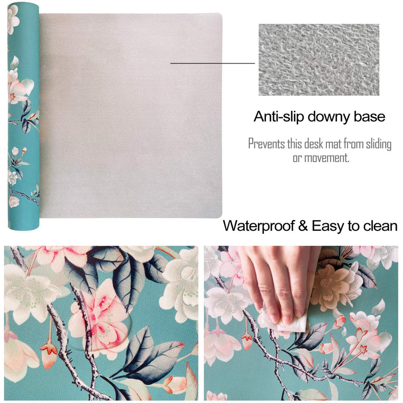 SANFORIN Multifunctional PU Leather Office Desk Pad 35.4''X15.7'' with Floral Design + Mouse Pad 10.2''×8.3''×0.12'', Extended Large Non Slip Ultra Thin Waterproof Desk Writing Mat (Chinese Flower)