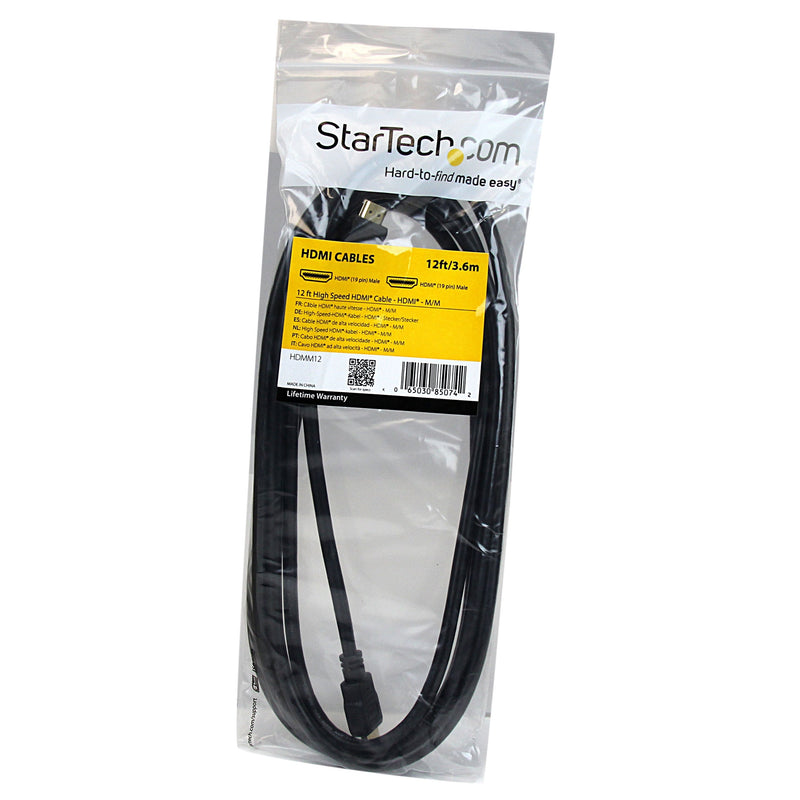 StarTech.com 12ft (3.7m) HDMI Cable - 4K High Speed HDMI Cable with Ethernet - UHD 4K 30Hz Video - HDMI 1.4 Cable - Ultra HD HDMI Monitors, Projectors, TVs & Displays - Black HDMI Cord - M/M (HDMM12) 12 ft / 3.5m