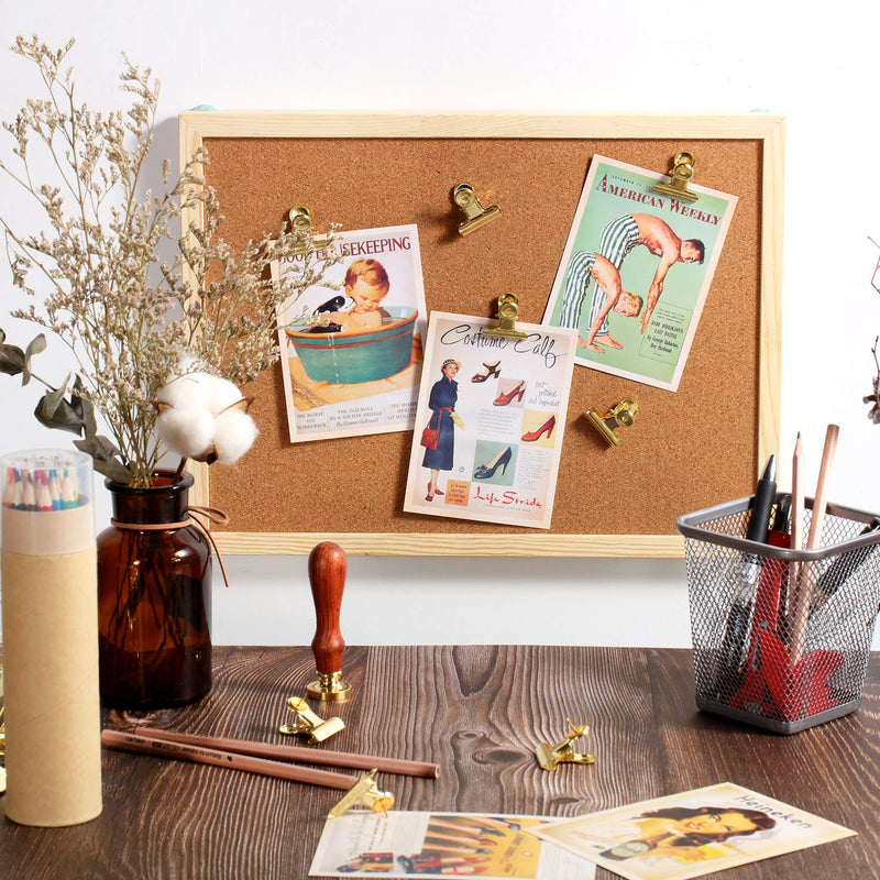 30 Pieces Push Pins Clips, Bulldog Clips with Thumb Tacks for School Artworks Projects on Cork Board, Photos Documents on Bulletin Board, No Holes for The Paper on Cubicle Walls (Gold)