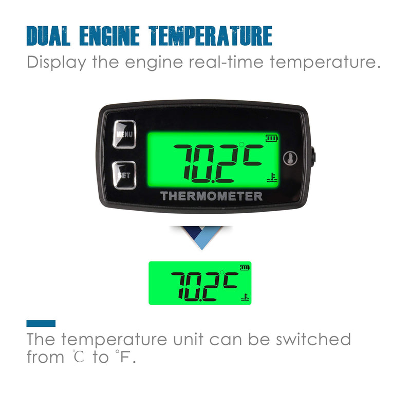 Runleader Digital LCD Engine Temperature Gauge,Over-Temperature Alert,Green Backlight Display,Battery Replaceable for Generator Motorcycle Dirtbike ATV Outboard Motor Marine Snowmobile