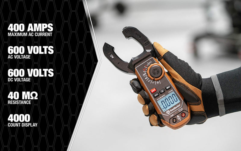 Southwire 21510N clamp meter, third-hand test probe holder, 400A AC current range, CAT III 600V safety rating, built-in non-contact voltage detector, 5 year warranty, Black Brown