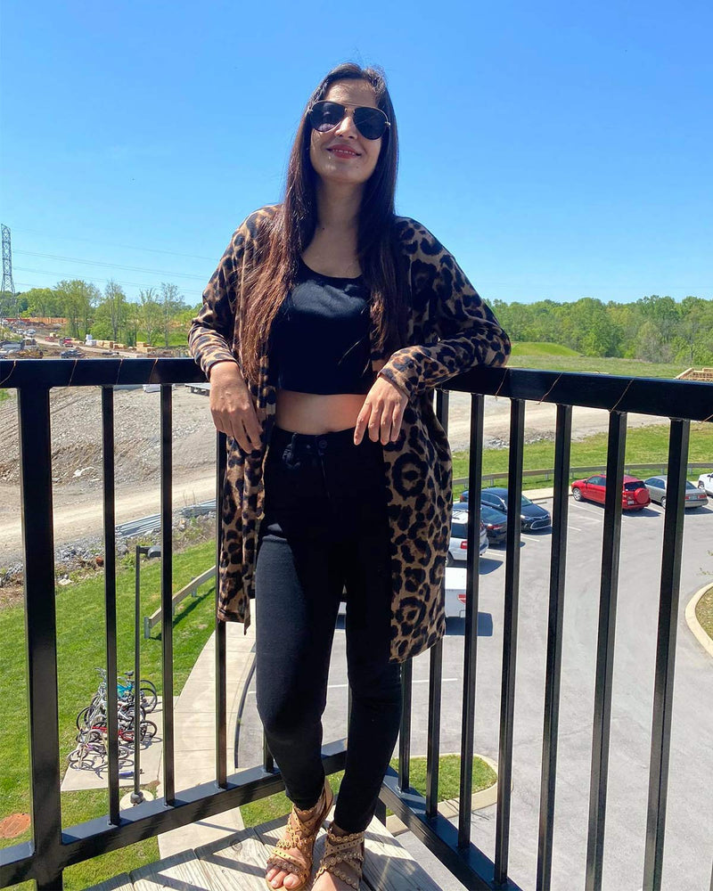 OUGES Women's Open Front Cardigan Shirt with Pockets Long Sleeve Lightweight Coat Small Leopard01