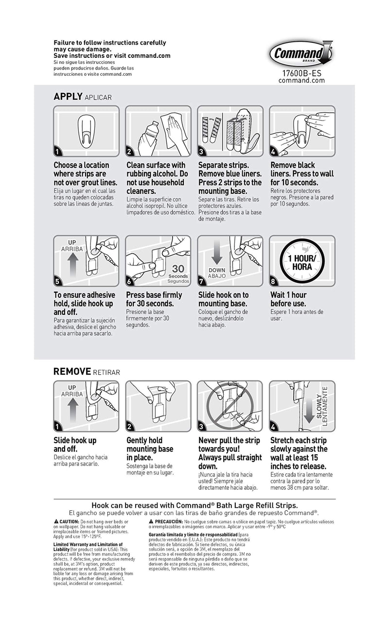 Command Bathroom Hook with Water-Resistant Strips, 1-Hook, 2-Strips, Organize Damage-Free Jumbo Towel Hook