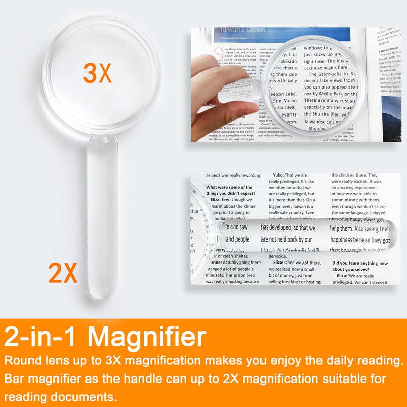 MagDepo Handheld Magnifier 2-in-1 Bar Magnifier Handle Magnifying Glass with 1 Bonus Stick Bar Magnifier with Clip for Reading Books, Inspections, Maps