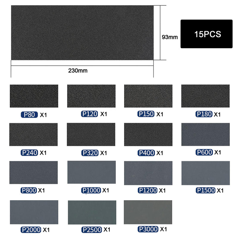 Jinpojun sandpaper set [23 x 9 cm], 15 pieces, grit size from 80 to 3000, wet and dry, professional sandpaper for car, wood, furniture, stone, paint, metal, glass