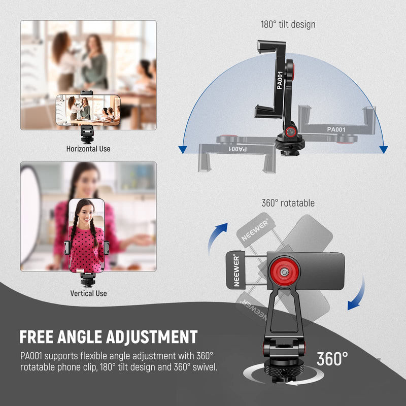 NEEWER Metal Phone Tripod Mount Adapter with Cold Shoe Base, 360° Phone Holder with 2 Cold Shoe Mount for Video Light and Mic for Vlogging, Universal Compatible with iPhone Samsung Huawei, PA001