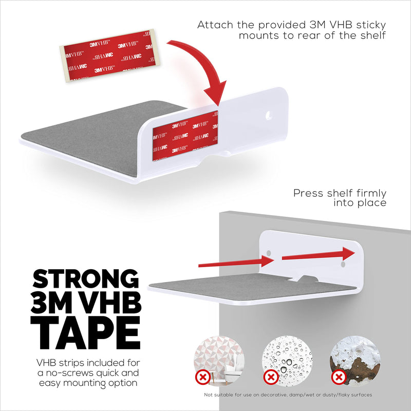 2-Pack 4â€ Small Floating Shelf Bluetooth Speaker Stand, Adhesive & Screw Wall Mount, Anti Slip, for Cameras, Baby Monitors, Webcam, Router & More, Universal Holder by Brainwavz (SHELF11 White)