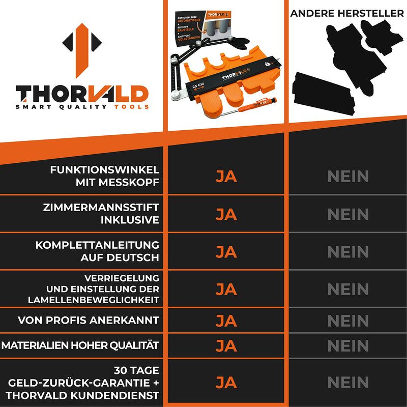 THORVALD tool contour gauge with lock and angle template - 25cm contour gauge contour template for tiles, parquet, laminate - incl. deep hole marker + instructions - contour taker with lock