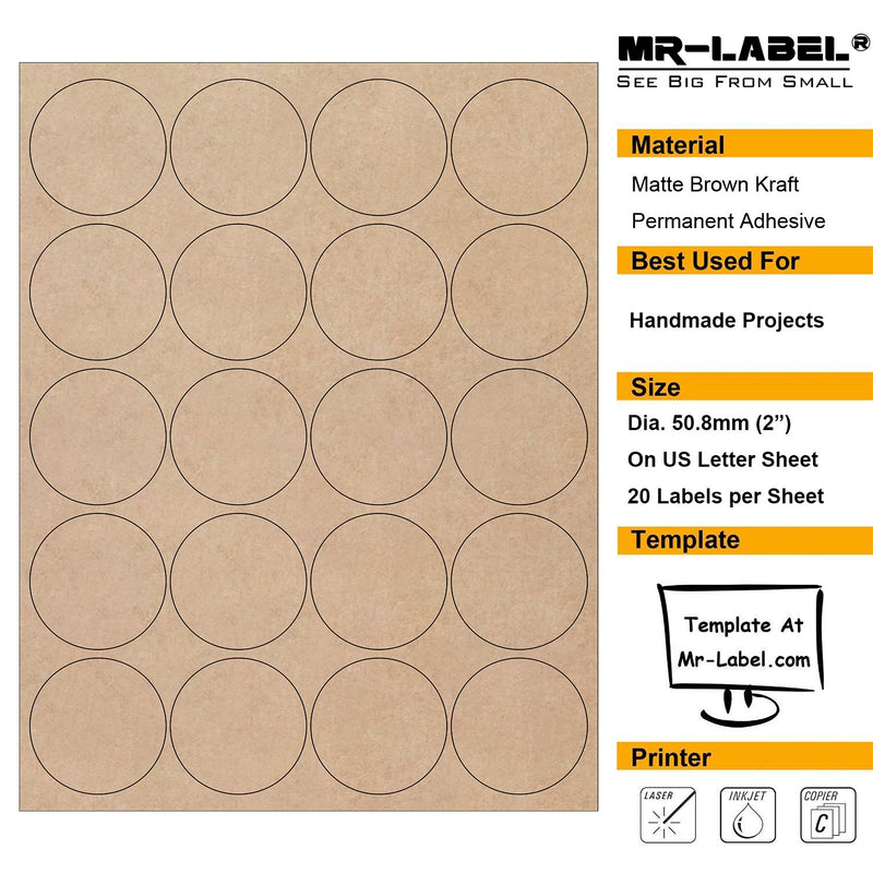 Mr-Label 2” Printable Natural Kraft Brown Round Label - Round Dot Sticker - for Mason Jar Lid | Crafts | Candles | Candy | Party Favor | Gift Label - for Inkjet/Laser Printer (25 sheets/500 Labels) 25 sheets/500 labels