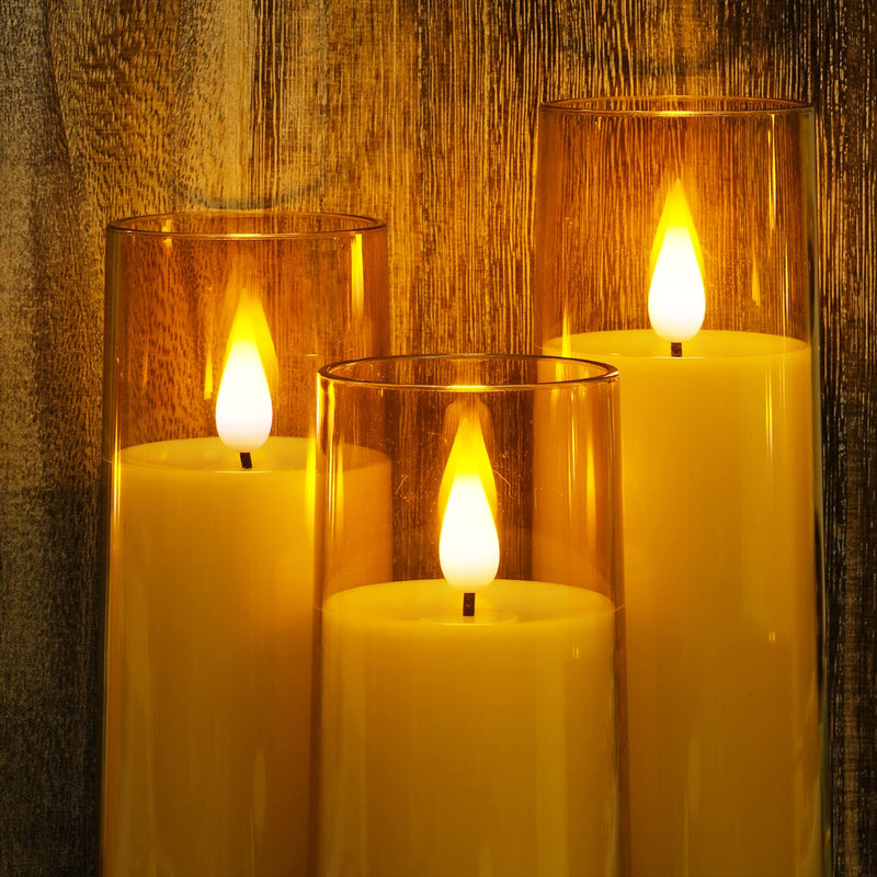 Amagic Acrylic Flameless Candles, Battery Operated Candles, Flickering LED Pillar Candles with Remote Control and Timer, 3D Wick, Gold, Set of 5