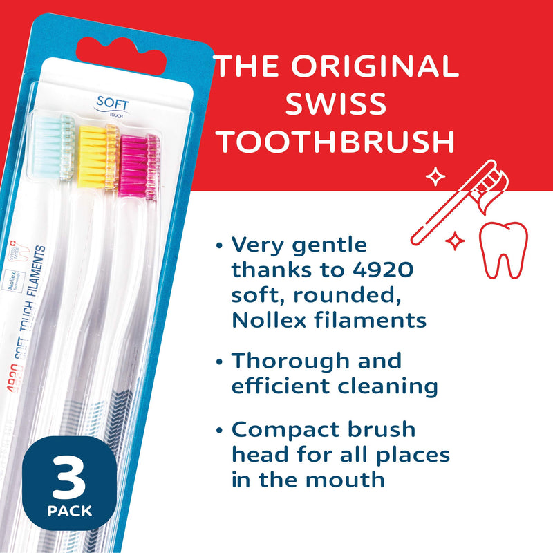 Tello 4920 Adult Soft Swiss Toothbrush for Gentle Cleaning with Ergonomic Handle, 3 Count