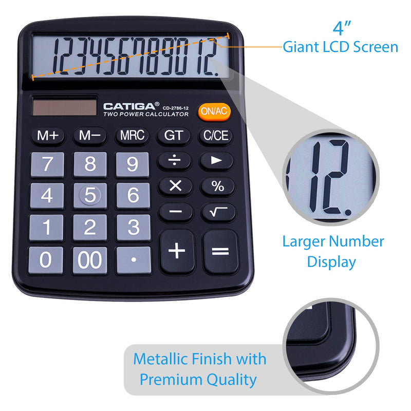 Desktop Calculator 12 Digit with Large LCD Display and Sensitive Button, Solar and Battery Dual Power, Standard Function for Office, Home, School, CD-2786 (Black) Black