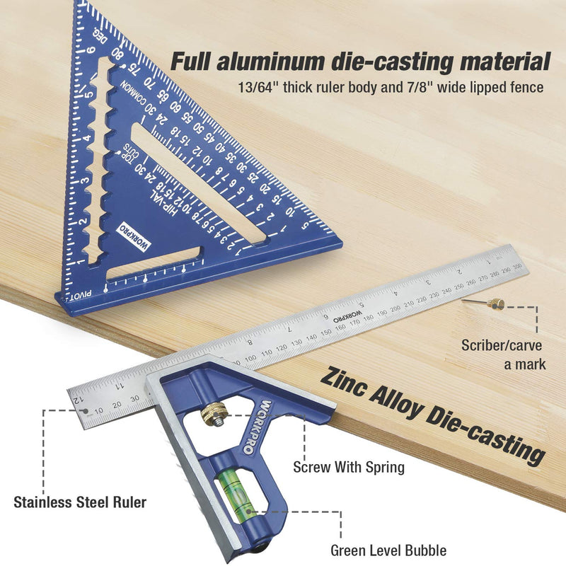 WORKPRO Rafter Square and Combination Square Tool Set, 7 in. Aluminum Alloy Die-Casting Carpenter Square and 12 Inch Zinc-Alloy Die-Casting Square Ruler Combo (Rafter Square Layout Tool)