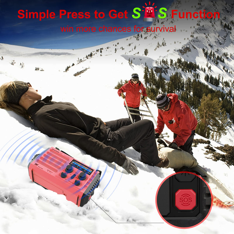 Portable Emergency Radio Hand Crank Solar AM/FM/SW/NOAA Weather Alert Radio 5000 Rechargeable with USB Charger, Flashlight, Reading Lamp, SOS Alarm, Headphone Jack, Survival Camping Gear Red
