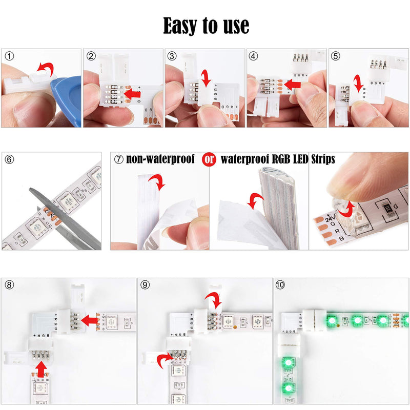 L Shape 4-Pin LED Connectors 10-Pack JACKYLED 10mm Wide Right Angle Corner Solderless Adapter Connector Terminal Extension with 22Pcs Clip Connectors for 3528/5050 SMD RGB 4 Conductor LED Light Strips