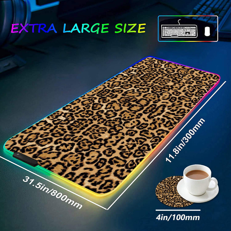 RGB Gaming Mouse Pad with Coffee Coaster, XXL Large Glowing LED Mousepad, Anti-Slip Rubber Base, Computer Keyboard Desk Mouse Mat 31.5 X 11.8 Inch - Leopard Print