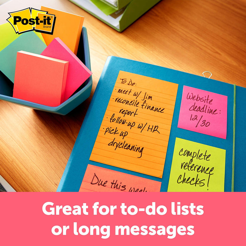Post-it Notes, 4x6 in, 3 Pads, America's #1 Favorite Sticky Notes, Cape Town Collection, Bright Colors (Magenta, Pink, Blue, Green), Clean Removal, Recyclable (660-3AN)