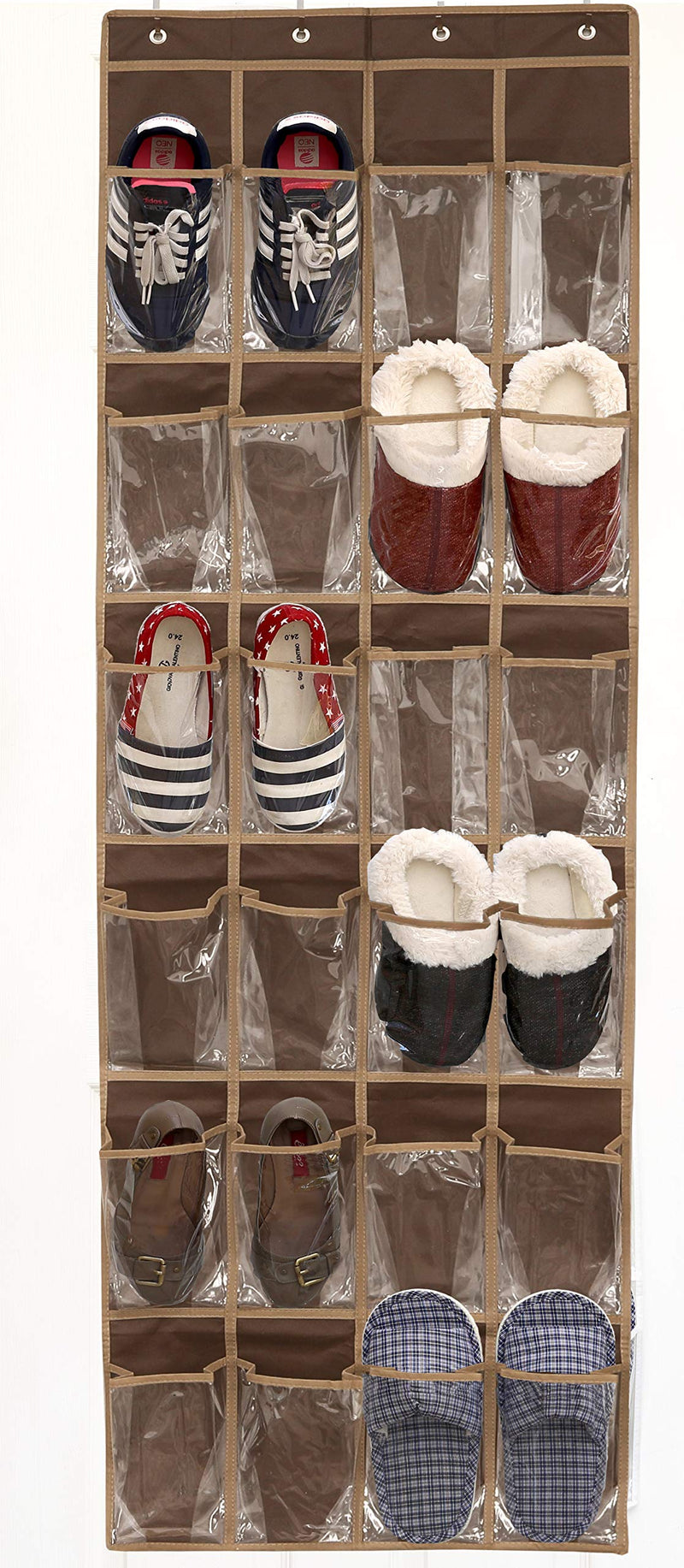 24 Pockets - SimpleHouseware Crystal Clear Over The Door Hanging Shoe Organizer, Brown 24 Clear Pockets