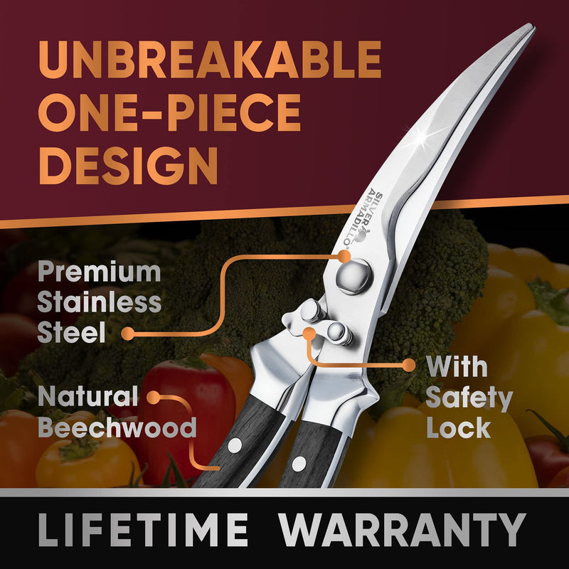 Heavy Duty Poultry Shears | Food Grade Stainless Steel Scissors for Bone, Chicken, Meat, Fish, Seafood, Vegetables | Anti-Rust Ergonomic Spring Loaded Food SHEAR | Built-In Lock |(Black Wood Handles) Black Wooden Handles