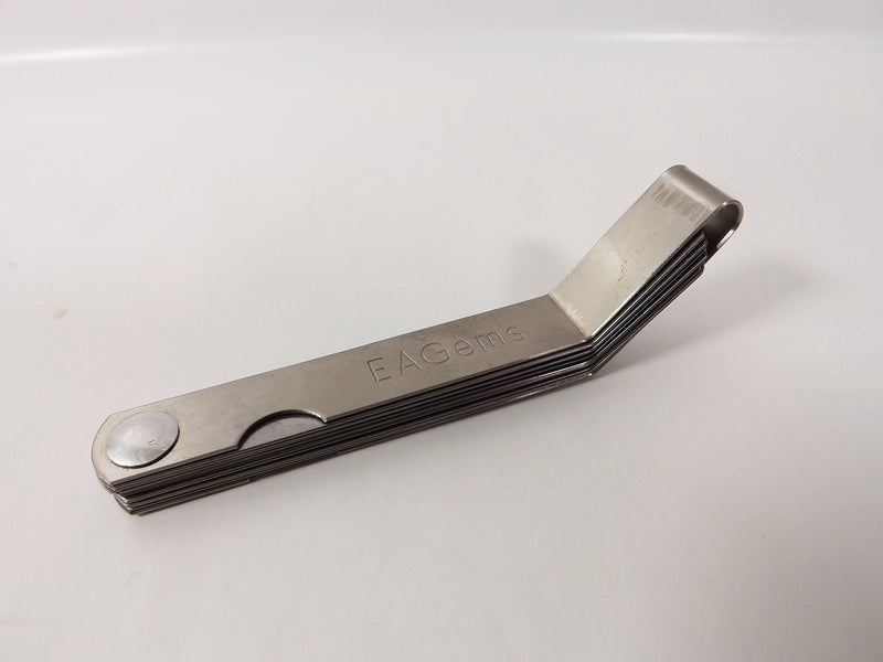 Offset Feeler Gauge Set by EAGems, for Measuring Gap Width or Thickness - Includes 16 Blades Imprinted with Inches and Millimeters, between .005-.020 inch / .127-.508 mm