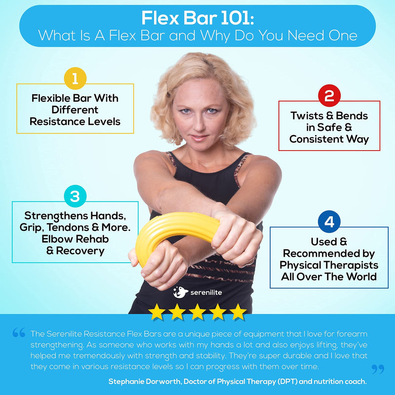 Serenilite Flexible Resistance Bar | Grip Strength Trainer, Resistance Band, Forearm Exerciser Workout | Flexbar for Tennis Elbow, Golfers Elbow, Physical Therapy, Pain Relief, Tendonitis, Recovery… Light (Red)