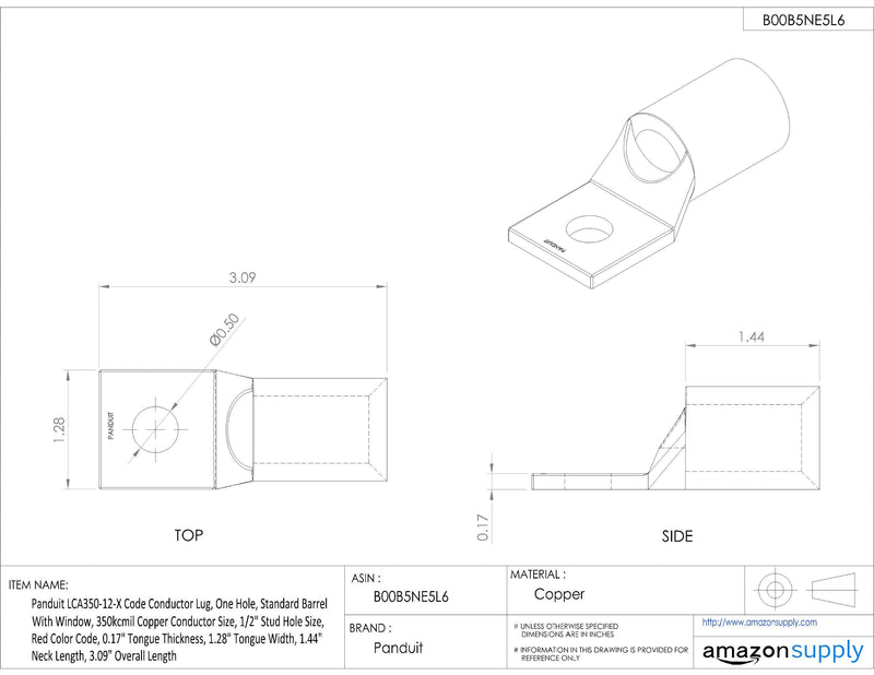 Panduit LCA350-12-X Code Conductor Lug, One-Hole, Standard Barrel with Window, 350kcmil Copper Conductor Size, 1/2" Stud Hole