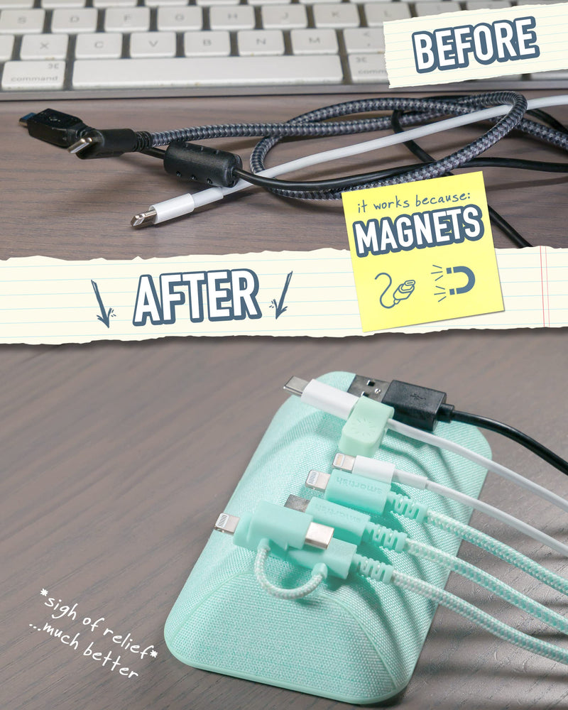 Smartish Magnetic Cord Holder - Bigger Cable Wrangler Organizer with Magnet Clips for Charger Management on Desktop, Nightstand, or Side Table - Holds 6 Cables - Teal Me More