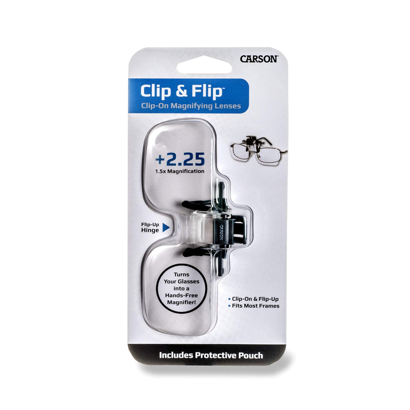 Carson Clip and Flip, Clip-On, Flip-Up Magnifying Lenses For Fly Tying, Reading, Hobby, Crafts and Other Low Vision Tasks 1.5x Power (+2.25 Diopters)
