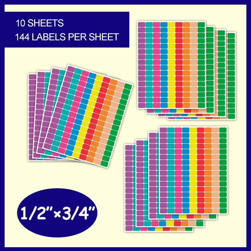 1440 Pcs 1/2" x 3/4" Rectangle Color Coding Dot Labels , 9 Bright Neon Colors 0.5 x 0.75 Inches Rectangular Stickers , 8 1/2" x 11" Sheet （ 10 Sheet ） Assorted Multi-color 1440 Pack