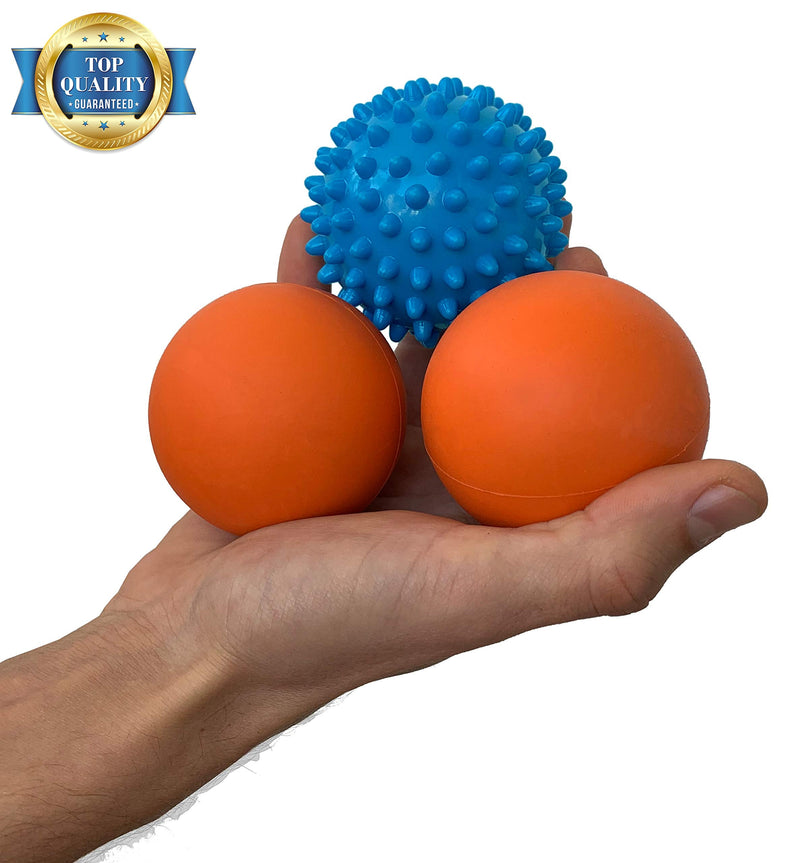 Limm Massage Ball Set - Spiky & Lacrosse Ball - Massage Ball Therapy for Plantar Fasciitis & Pain Relief - Deep Tissue Trigger Point Myofascial Release Ball for Back, Foot, Shoulder & Neck Pain One Blue Spiky & Two Orange Balls
