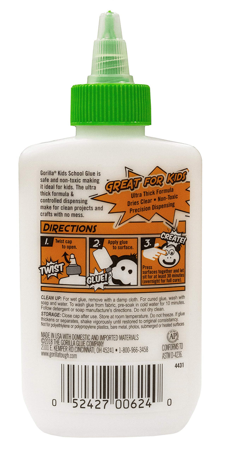 Gorilla Kids School Glue, 4 ounce. Bottle, White, (Pack of 1) 1 - Pack