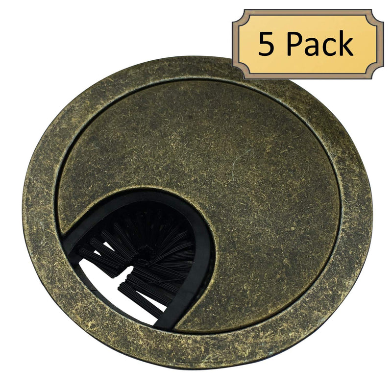 Antique Brass Metal Cable Grommet - 2 Piece"Lock in" Feature with"Brush" Opening for Management of Office & Computer Desk Wires - 60mm (2 3/8") Hole Opening - 5 Pack 5 Grommets Antique Brass
