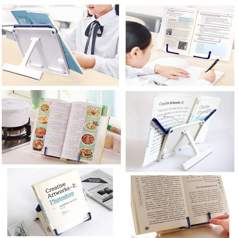 Lemical Desktop Sturdy Bookstand for Textbooks, Laptops, Reading Portable Folding Multipurpose Book Music Sheet Stand Holder with Adjustable Detachable Tray-Page Paper Clips White