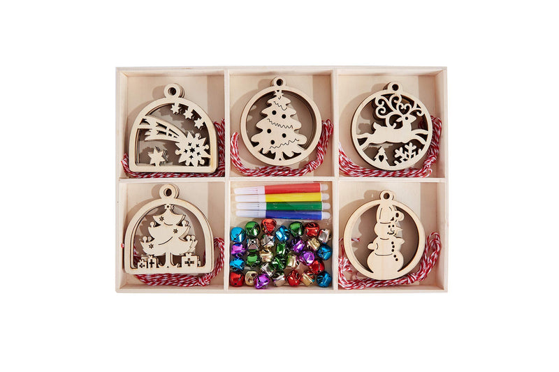 Artmag 30pcs Unfinished Wooden Hanging Ornaments for Christmas Decorations,5 Styles DIY Wood Slices with Holes for Kids Crafts Centerpieces Holiday Hanging Decorations 30pcs with gift box