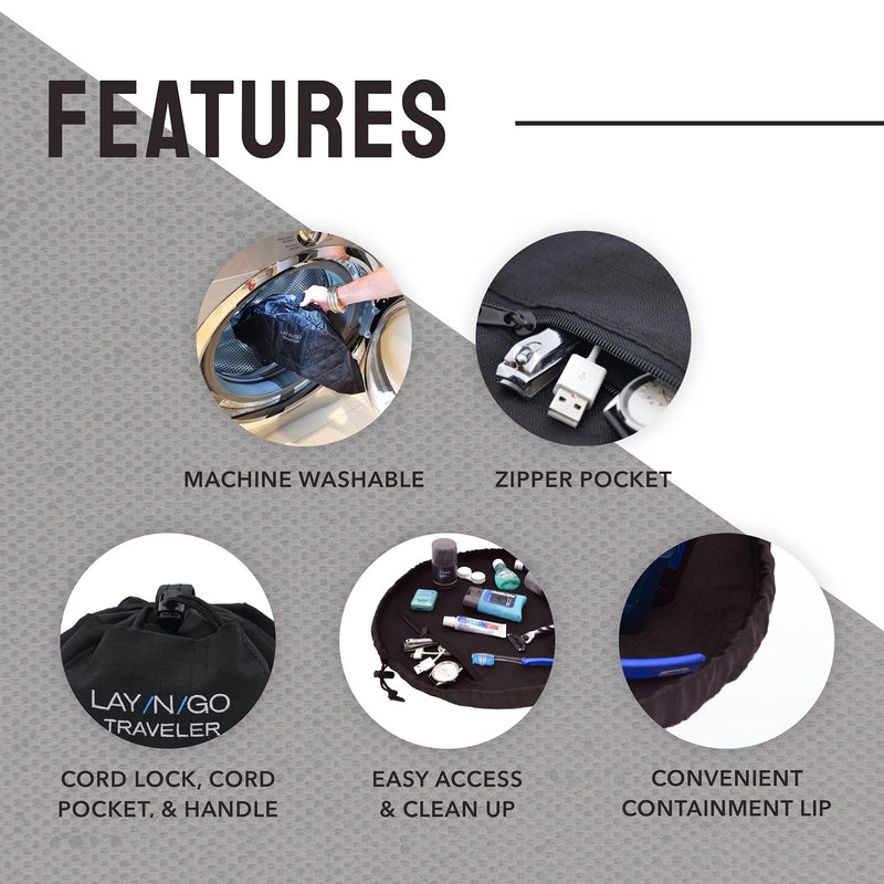 Lay-n-Go Traveler Essentials Drawstring Shaver & Dopp Kit Toiletry Carry On Organizer & Travel Bag for Men and Women, Machine Washable with a Durable Patented Design, 20 inch, Black