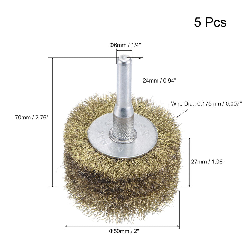 uxcell Wire Wheel Brush, 2" x 1.06" Stainless Steel Brass Plated Coarse Crimped Wire 0.007" (0.175mm) Wire Dia with 1/4" (6mm) Shank for Cleaning Rust Stripping Abrasive, 5pcs