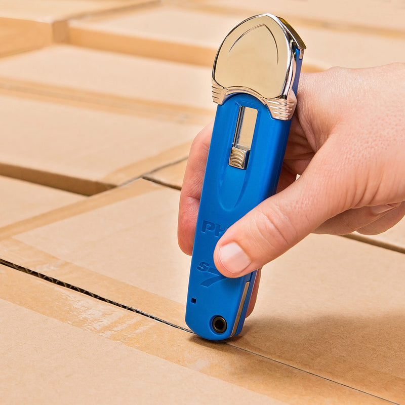 Pacific Handy Cutter S7 Safety Cutter, 3-in-1 Self-Retractable Utility Knife with Fold-Out Film Cutter, Bladeless Tape Splitter, Guard for Safety & Damage Prevention , Blue S7 Premium Safety Cutter - 3-in-1