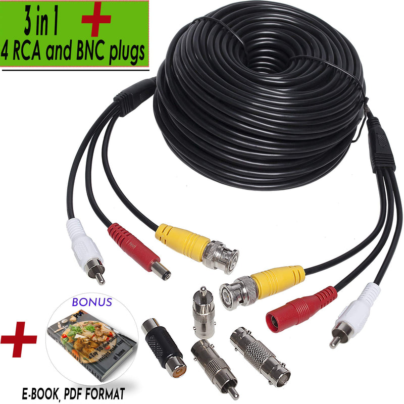 100ft HD Audio Video Security Camera BNC Power Cable Сopper - Gift BNC - Pre-Made All-in-One Extension Wire CCTV Cord with BNC RCA Connectors 30 m 3-in-1(100 Ft)