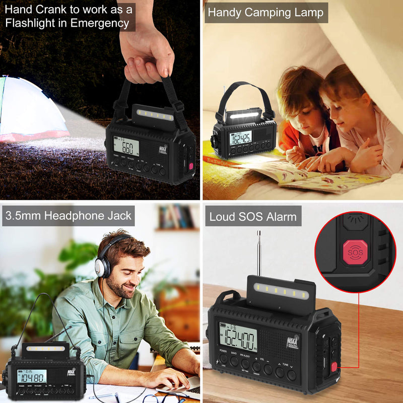 Auto NOAA Digital 5000 Weather Radio with Backlit LCD Screen, 5 Way Powered Solar Hand Crank Portable AM/FM/Shortwave Emergency Radio/Phone Charger,Read Lamp/Camping Flashlight,Earbud Jack,Clock,SOS Black(5000,Auto Alert,LCD Display)