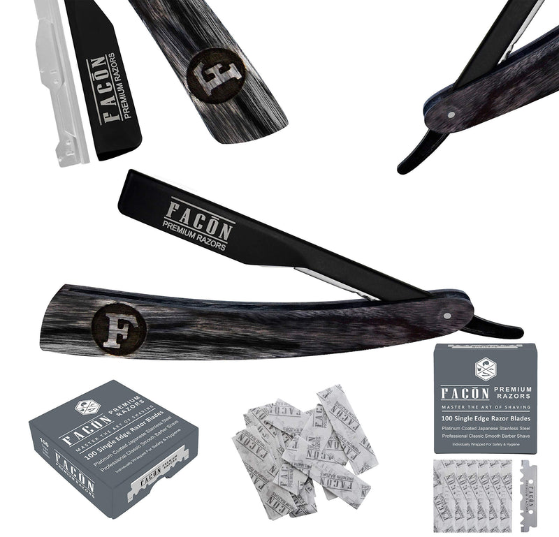 100 BLADES + FacÃ³n Professional Wooden Straight Edge Barber Razor - Salon Quality Cut Throat Shavette