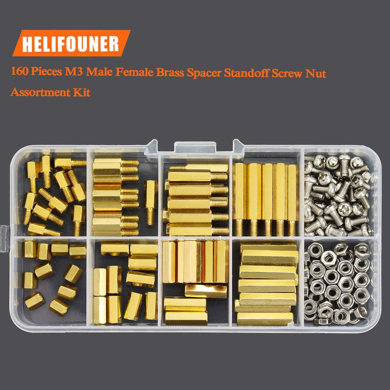 HELIFOUNER 160 Pieces M3 Male Female Hex Brass Spacer Standoff Screw Nut Assortment Kit