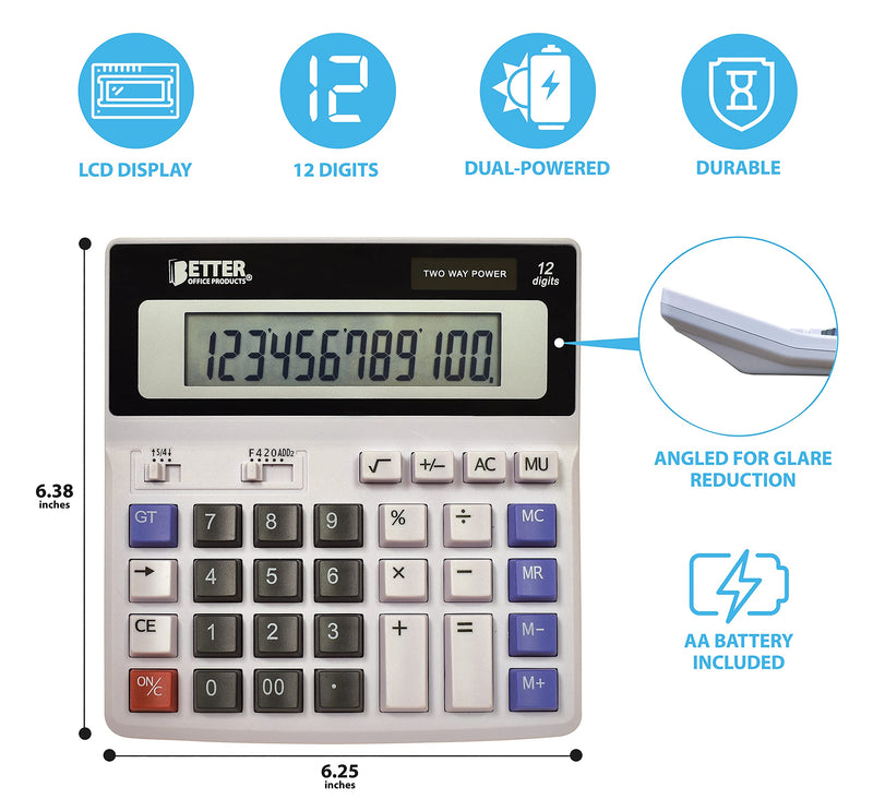 Extra Large Electronic Desktop Calculator, 12-Digit LCD Display, Angled Display Panel, by Better Office Products, 4 Function Memory Keys, Light Gray, Dual Power with Included AA Battery Power