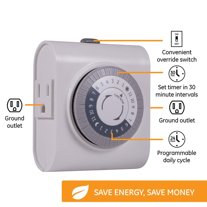 GE 24-Hour Heavy Duty Indoor Plug-in Mechanical Timer, 2 Grounded Outlets, 30 Minute Intervals, Daily On/Off Cycle, for Lamps, Seasonal, Christmas Tree Lights and Holiday Decorations, 15075